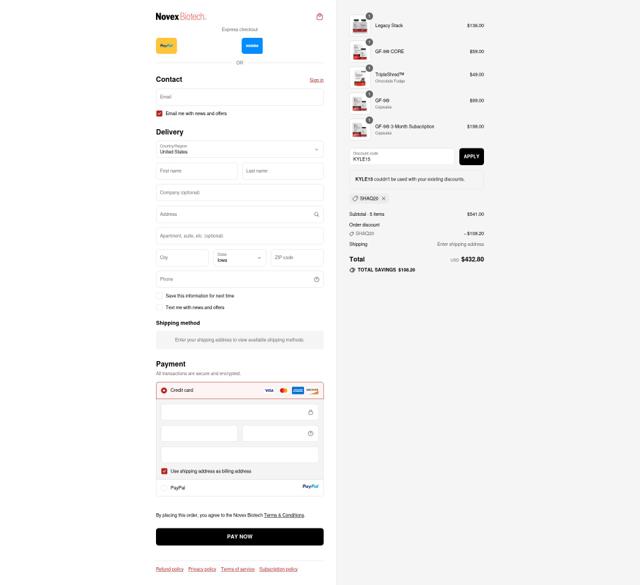 Novex Biotech checkout page showing Novex Biotech discount code box | Screenshot taken by SimplyCodes community member on Sep 10, 2025