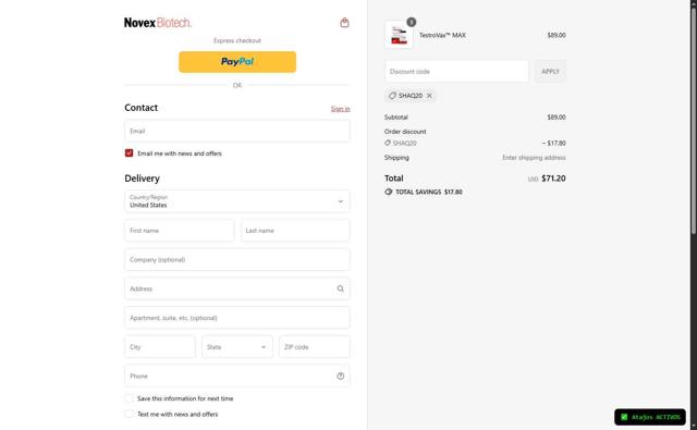 Novex Biotech checkout page showing Novex Biotech discount code box | Screenshot taken by SimplyCodes community member on Sep 10, 2025
