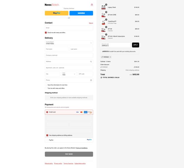 Novex Biotech checkout page showing Novex Biotech discount code box | Screenshot taken by SimplyCodes community member on Sep 10, 2025