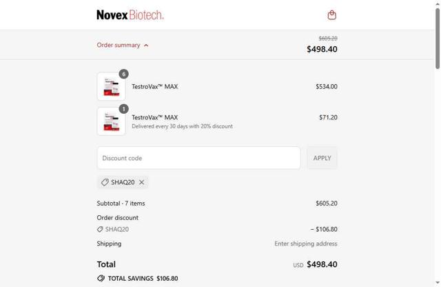 Novex Biotech checkout page showing Novex Biotech discount code box | Screenshot taken by SimplyCodes community member on Sep 10, 2025