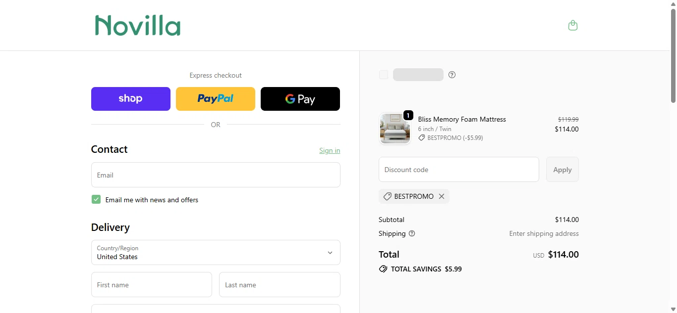 Novilla promo code screenshot showing code BESTPROMO applied at Novilla checkout page. Uploaded by SimplyCodes community member SilverMaestro6968 on Jun 10, 2026