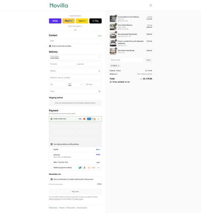Novilla checkout page showing Novilla coupon code box | Screenshot taken by SimplyCodes community member on Sep 1, 2025