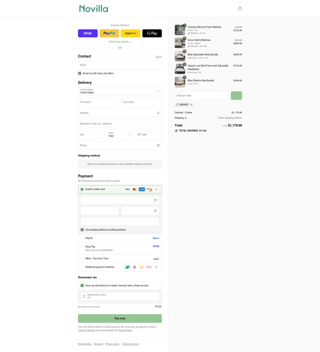 Novilla checkout page showing Novilla coupon code box | Screenshot taken by SimplyCodes community member on Sep 1, 2025
