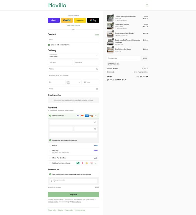 Novilla checkout page showing Novilla coupon code box | Screenshot taken by SimplyCodes community member on Sep 1, 2025