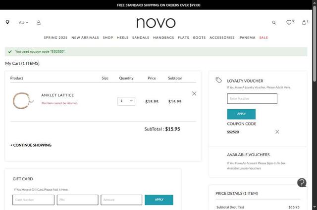 NOVO Shoes checkout page showing NOVO Shoes promo code box | Screenshot taken by SimplyCodes community member on Sep 3, 2025