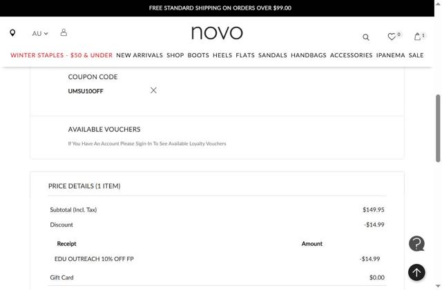 NOVO Shoes checkout page showing NOVO Shoes promo code box | Screenshot taken by SimplyCodes community member on Jun 11, 2025