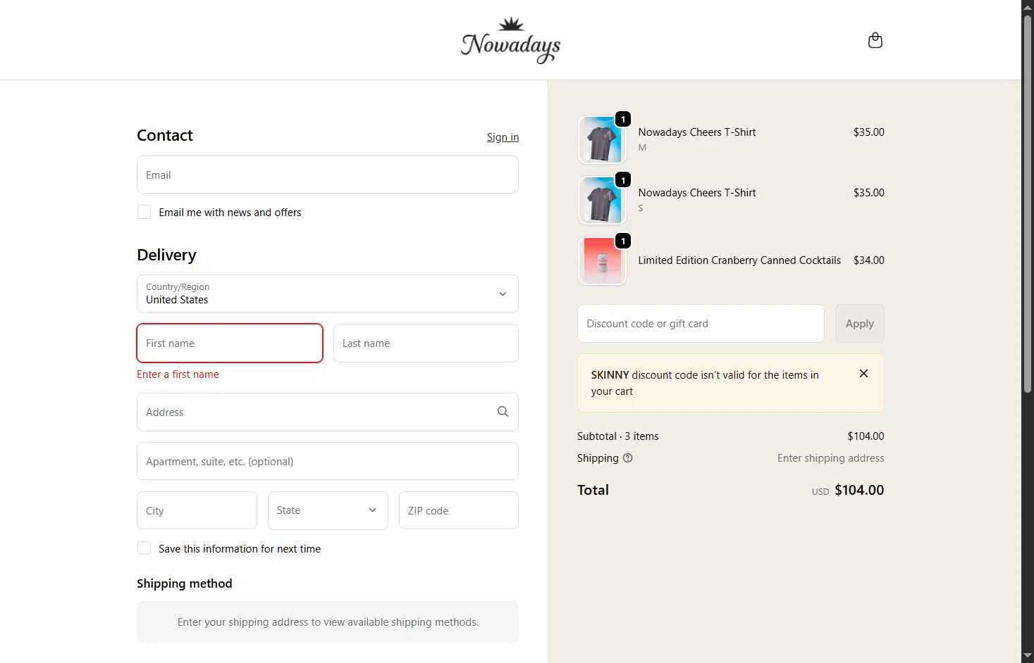 Nowadays THC Drink checkout page showing Nowadays THC Drink coupon code box | Screenshot taken by SimplyCodes community member on Jan 21, 2026