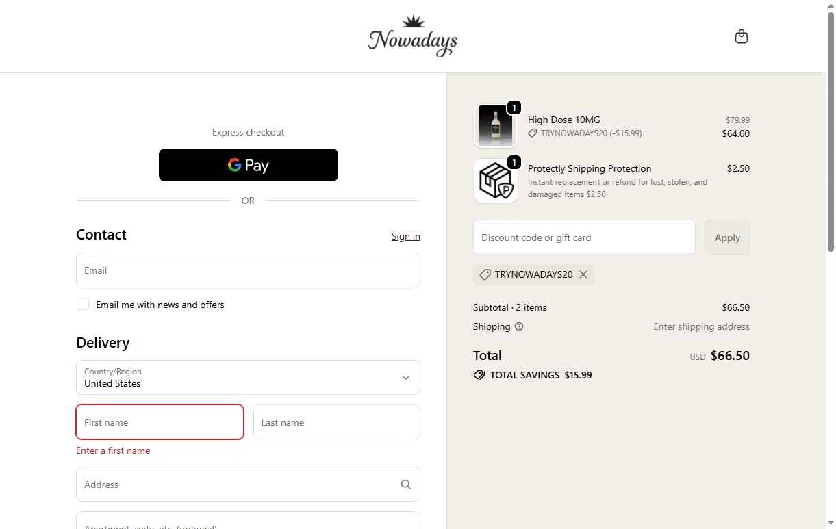 Nowadays THC Drink checkout page showing Nowadays THC Drink coupon code box | Screenshot taken by SimplyCodes community member on Jan 21, 2026