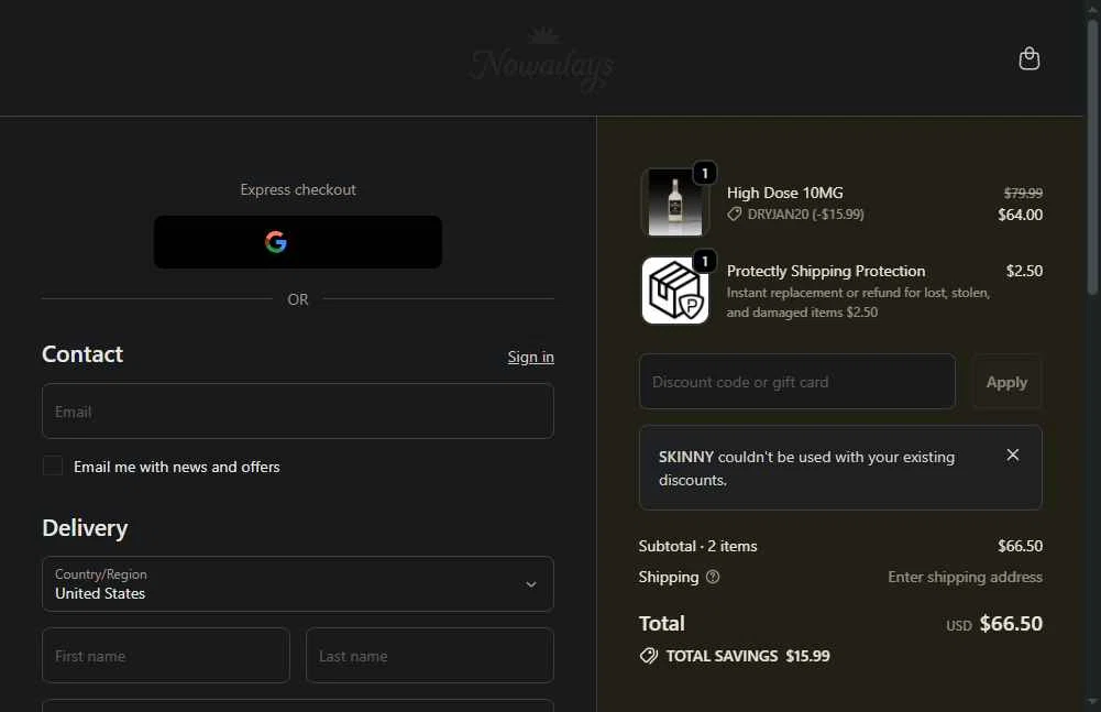Nowadays THC Drink checkout page showing Nowadays THC Drink coupon code box | Screenshot taken by SimplyCodes community member on Dec 23, 2025