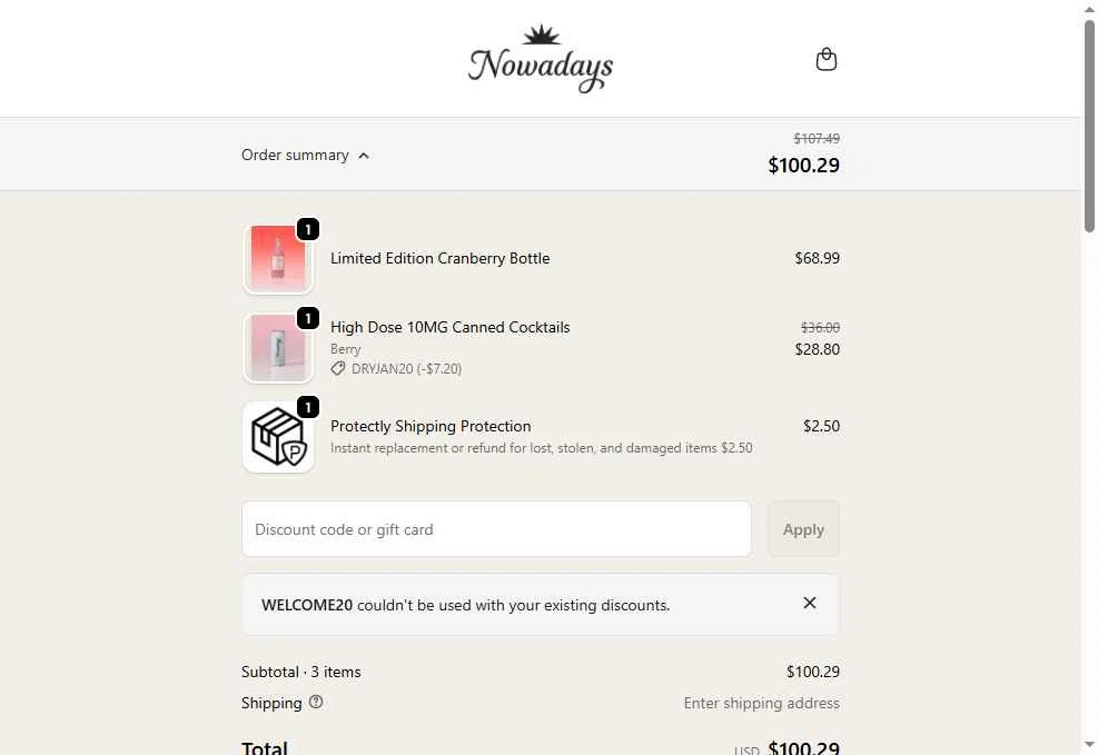 Nowadays THC Drink checkout page showing Nowadays THC Drink coupon code box | Screenshot taken by SimplyCodes community member on Jan 25, 2026