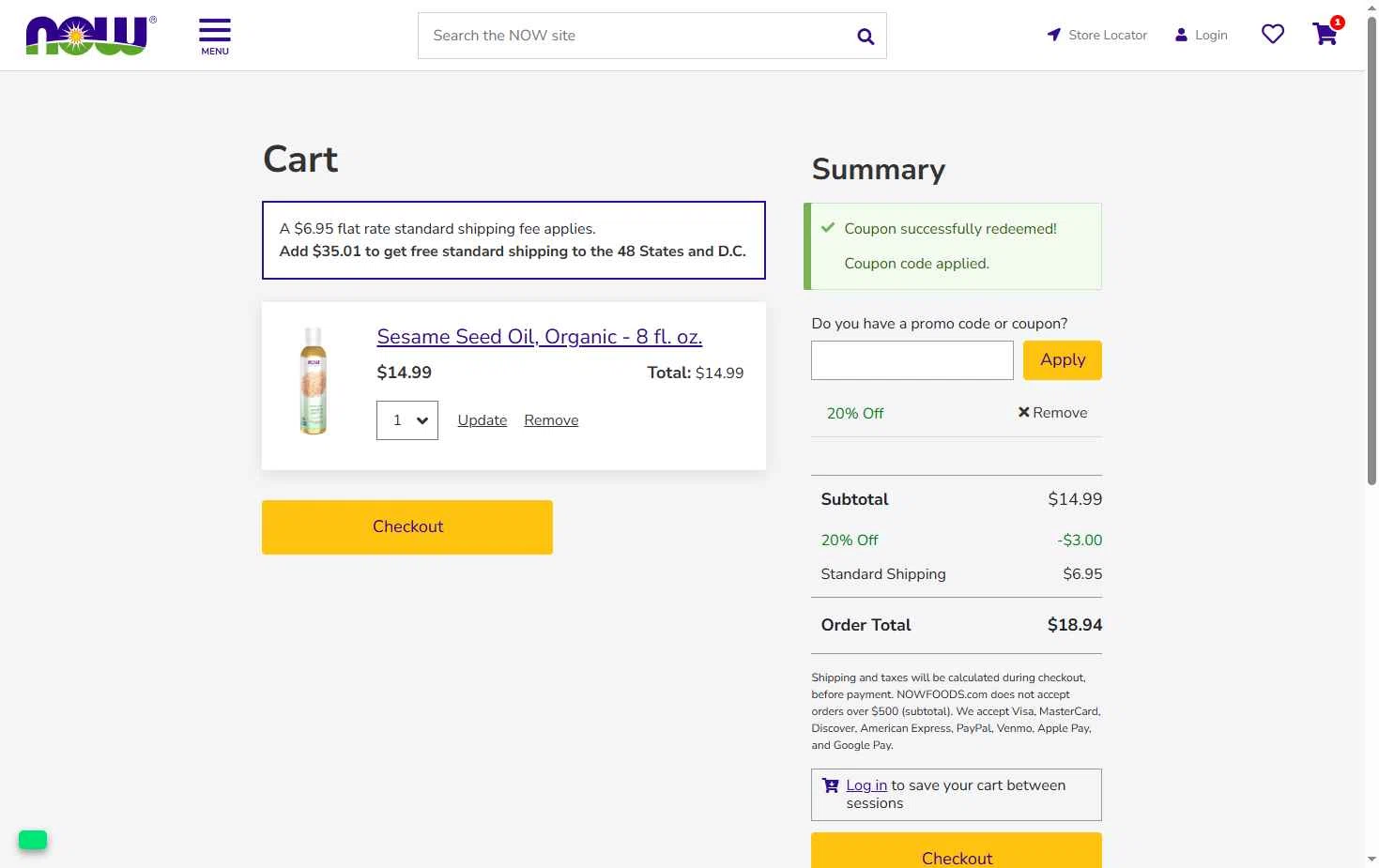 Now Foods checkout page showing Now Foods coupon code box | Screenshot taken by SimplyCodes community member on Dec 3, 2025
