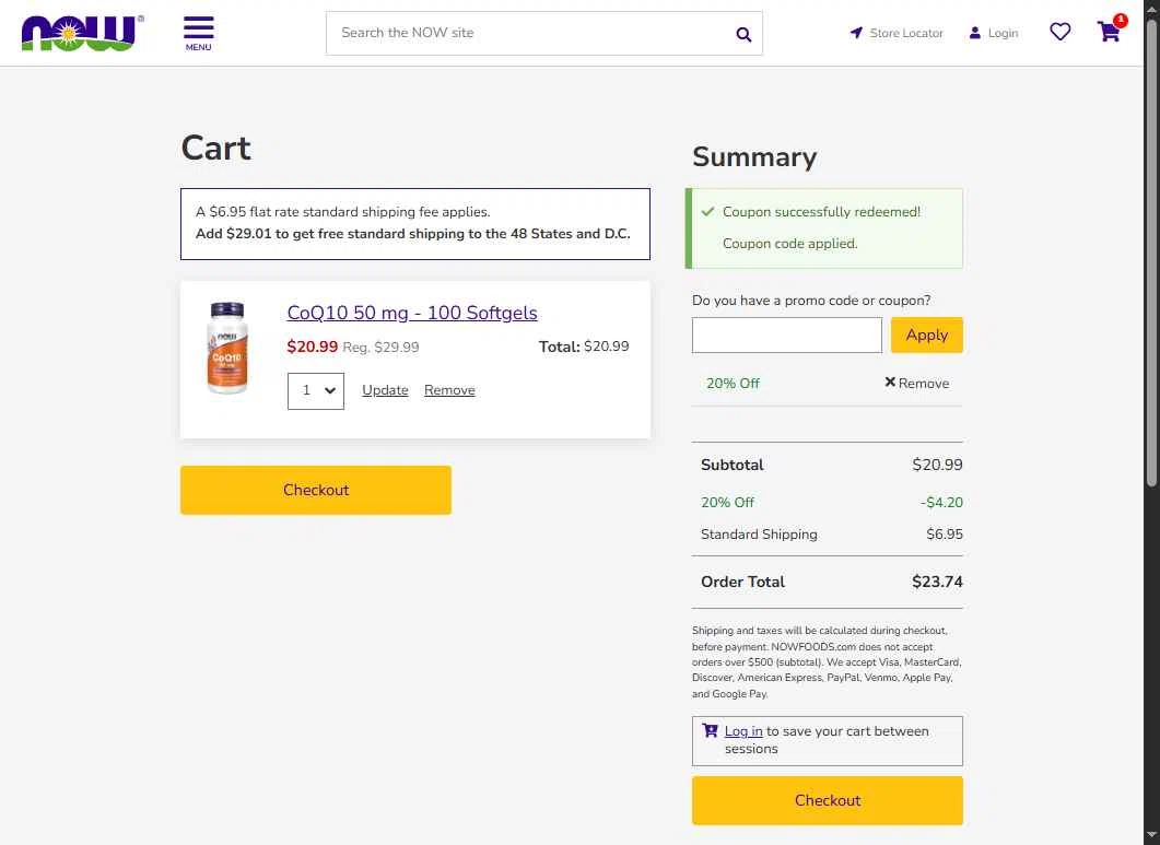 Now Foods checkout page showing Now Foods coupon code box | Screenshot taken by SimplyCodes community member on Nov 22, 2025