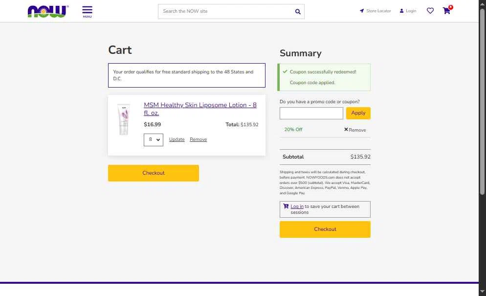 Now Foods checkout page showing Now Foods coupon code box | Screenshot taken by SimplyCodes community member on Dec 21, 2025