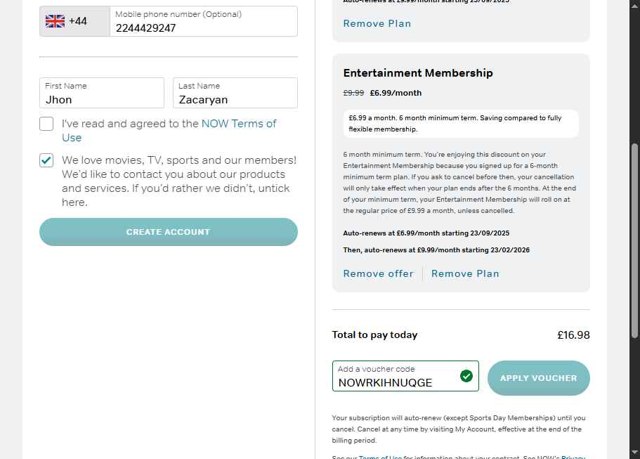 Now TV checkout page showing Now TV discount code box | Screenshot taken by SimplyCodes community member on Aug 23, 2025