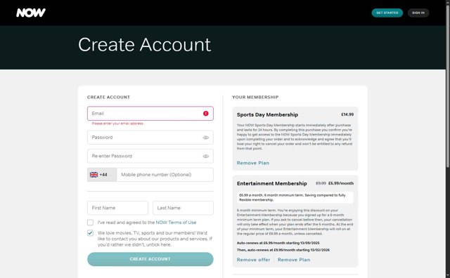 Now TV checkout page showing Now TV discount code box | Screenshot taken by SimplyCodes community member on Aug 13, 2025