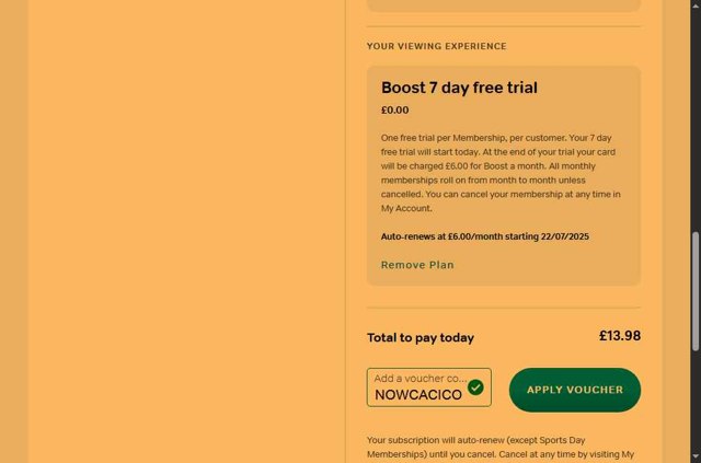 Now TV checkout page showing Now TV discount code box | Screenshot taken by SimplyCodes community member on Jul 15, 2025