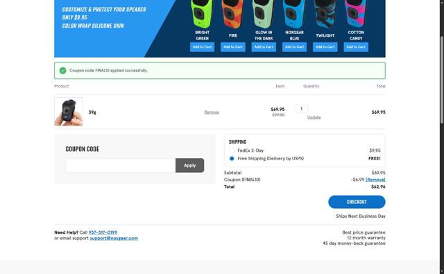 Noxgear checkout page showing Noxgear coupon code box | Screenshot taken by SimplyCodes community member on Jul 5, 2025