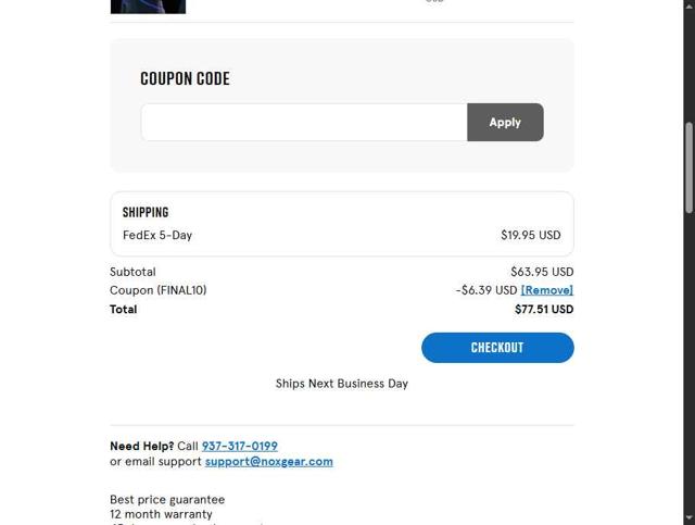 Noxgear checkout page showing Noxgear coupon code box | Screenshot taken by SimplyCodes community member on Jul 5, 2025