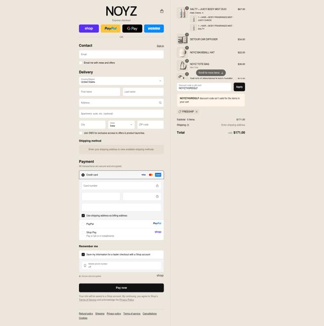 Noyz checkout page showing Noyz discount code box | Screenshot taken by SimplyCodes community member on Sep 10, 2025