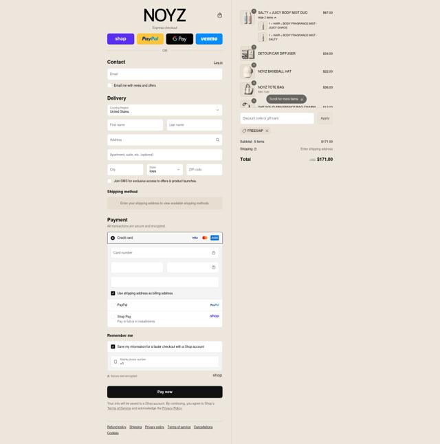 Noyz checkout page showing Noyz discount code box | Screenshot taken by SimplyCodes community member on Sep 5, 2025
