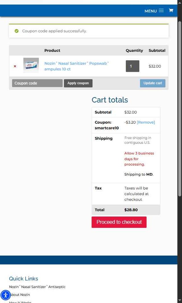 Nozin checkout page showing Nozin coupon code box | Screenshot taken by SimplyCodes community member on Aug 22, 2025