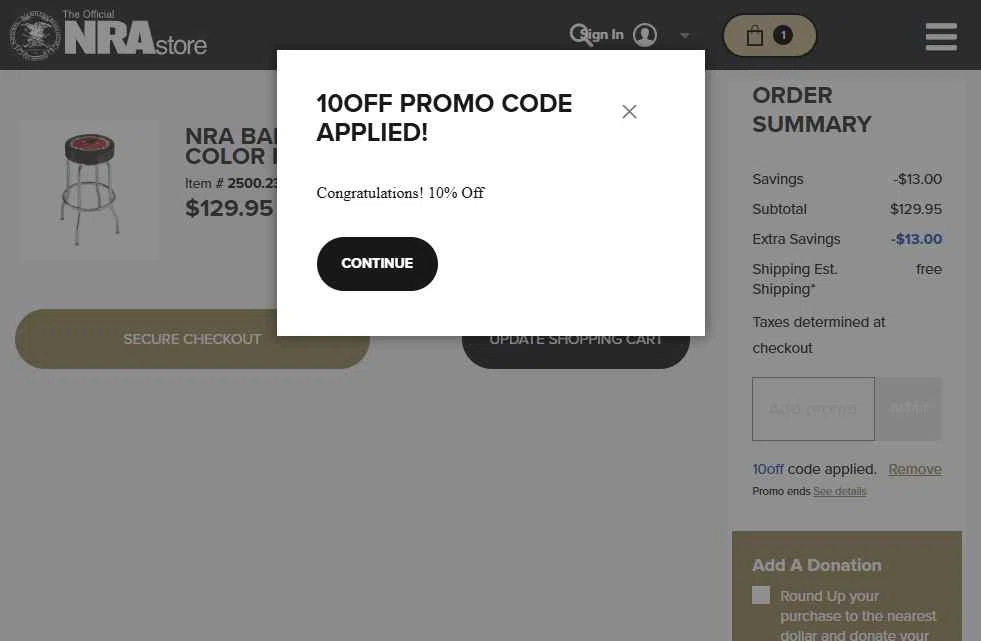 NRA Store checkout page showing NRA Store promo code box | Screenshot taken by SimplyCodes community member on Aug 26, 2025