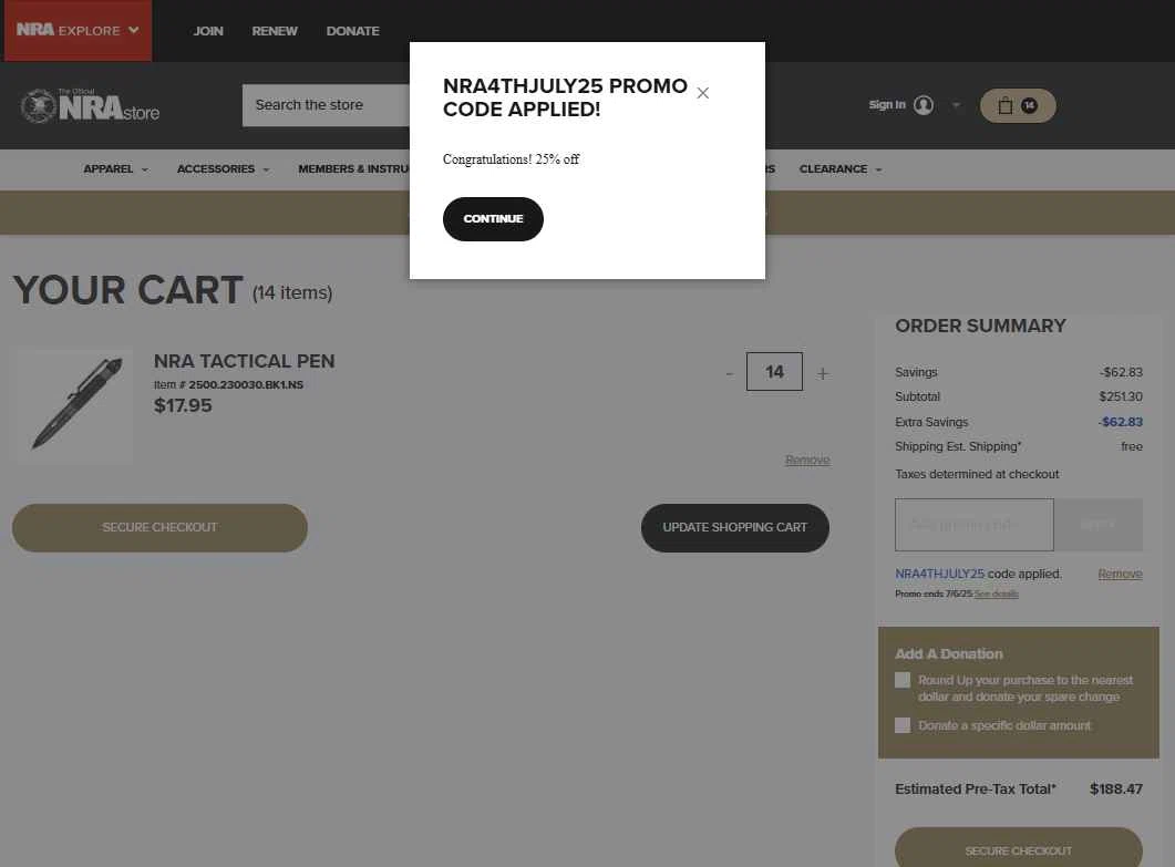 NRA Store checkout page showing NRA Store promo code box | Screenshot taken by SimplyCodes community member on Jul 1, 2025
