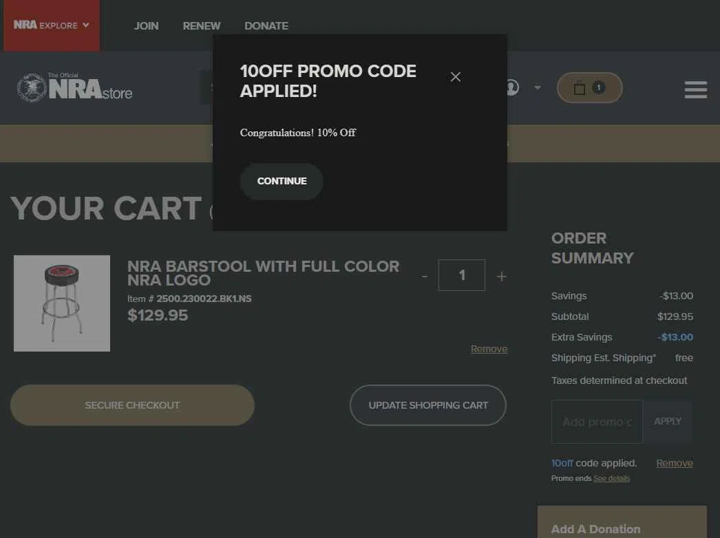 NRA Store checkout page showing NRA Store promo code box | Screenshot taken by SimplyCodes community member on Aug 26, 2025