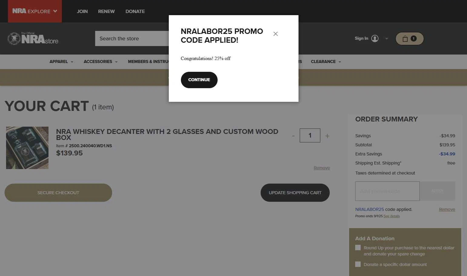 NRA Store checkout page showing NRA Store promo code box | Screenshot taken by SimplyCodes community member on Aug 27, 2025