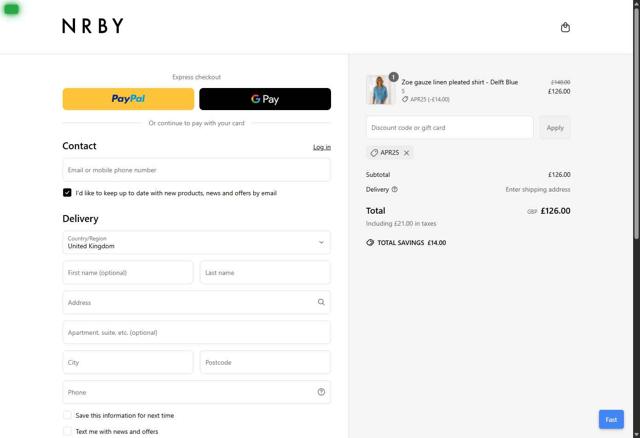 NRBY Clothing checkout page showing NRBY Clothing promo code box | Screenshot taken by SimplyCodes community member on Apr 20, 2025