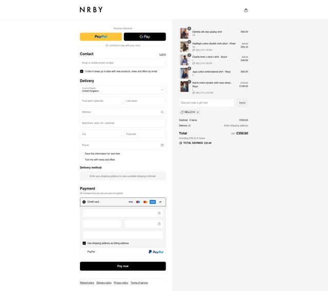 NRBY Clothing checkout page showing NRBY Clothing promo code box | Screenshot taken by SimplyCodes community member on Jul 31, 2025