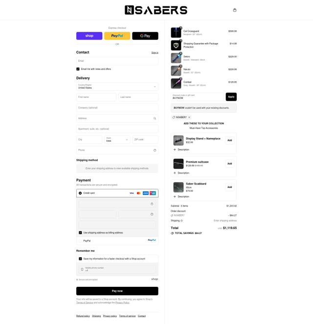 Nsabers checkout page showing Nsabers discount code box | Screenshot taken by SimplyCodes community member on Sep 9, 2025