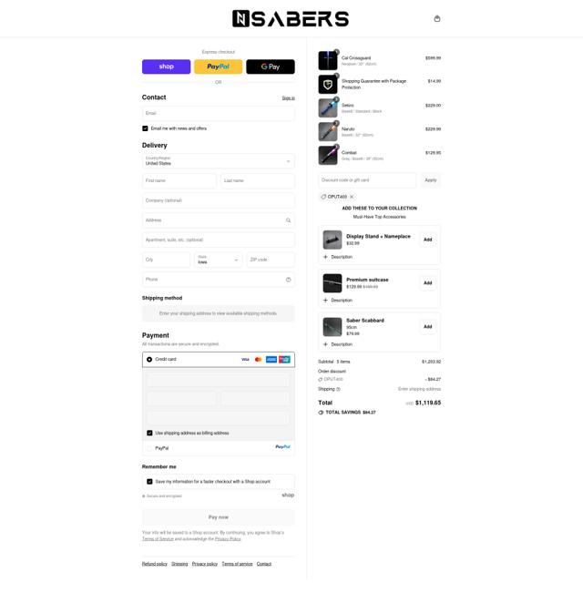 Nsabers checkout page showing Nsabers discount code box | Screenshot taken by SimplyCodes community member on Sep 9, 2025