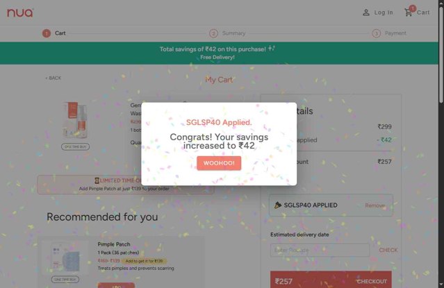 Nua checkout page showing Nua coupon code box | Screenshot taken by SimplyCodes community member on Aug 20, 2025