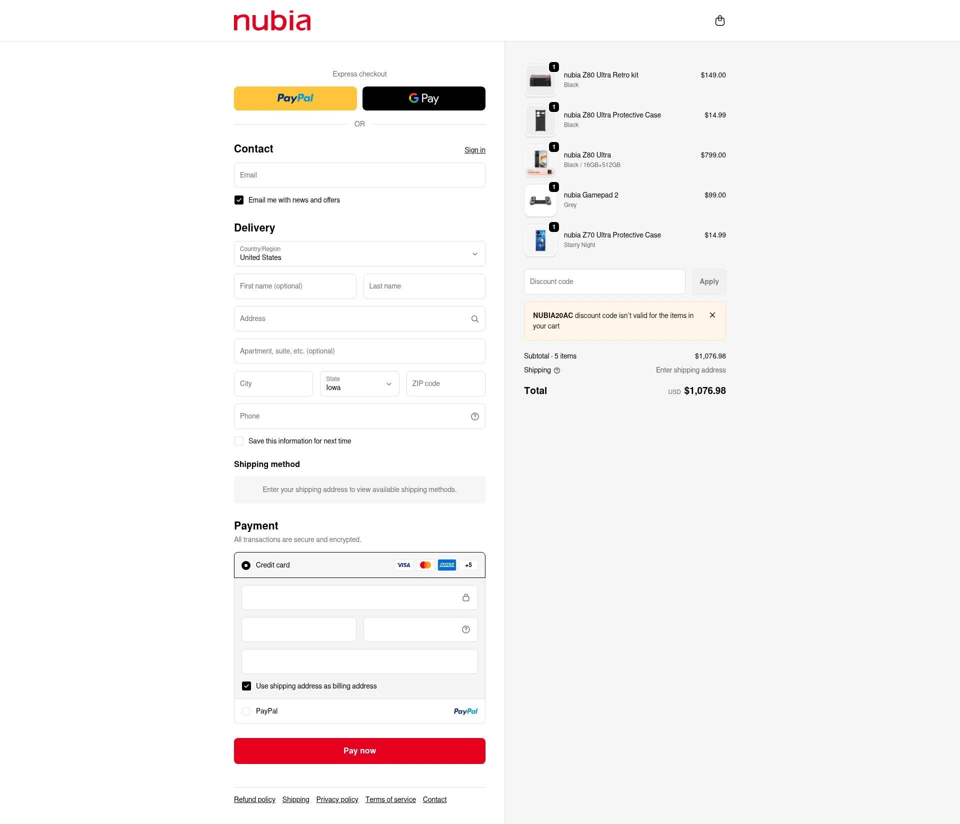 nubia Store checkout page showing nubia Store promo code box | Screenshot taken by SimplyCodes community member on Dec 24, 2025