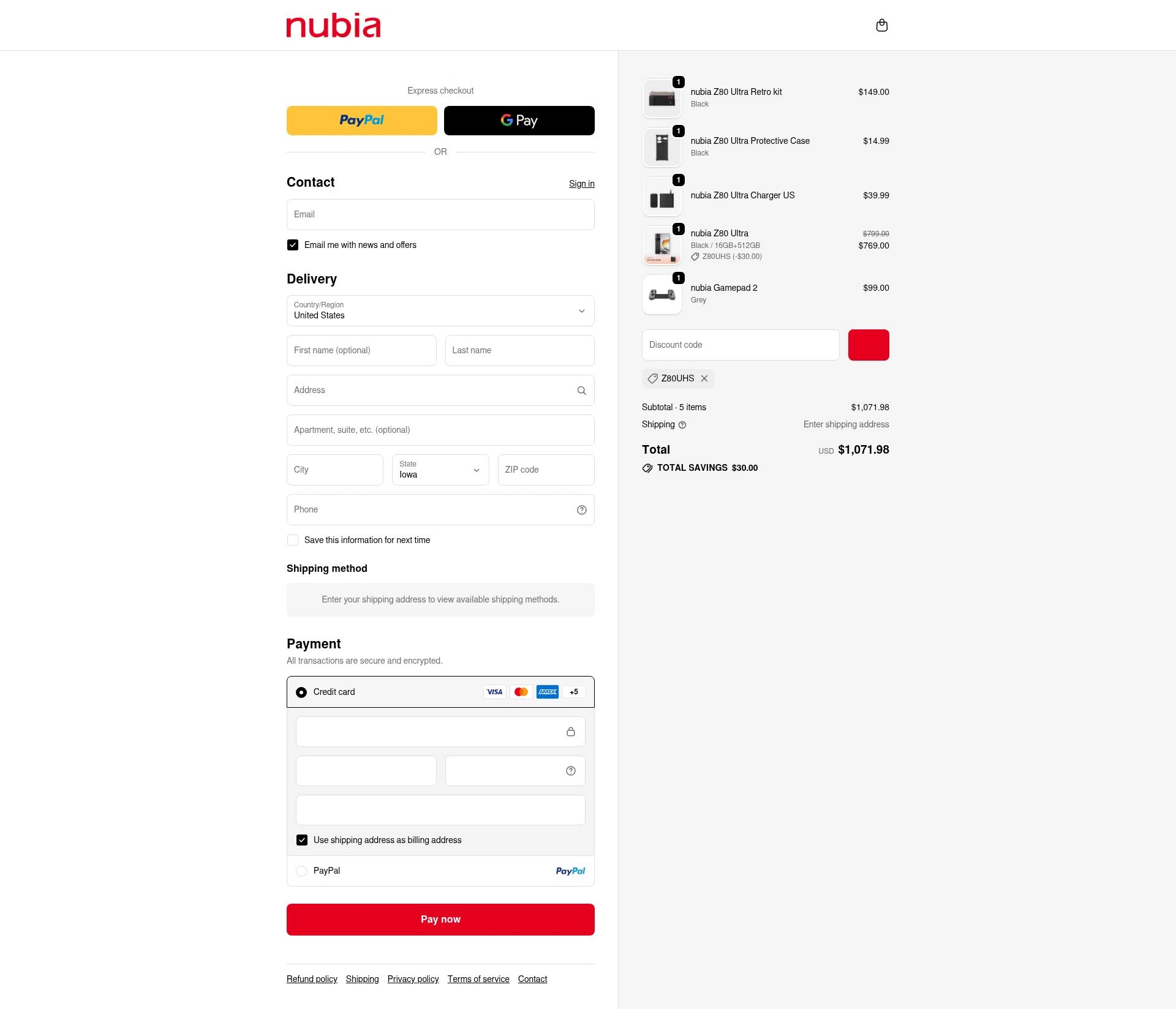 nubia Store checkout page showing nubia Store promo code box | Screenshot taken by SimplyCodes community member on Jan 2, 2026