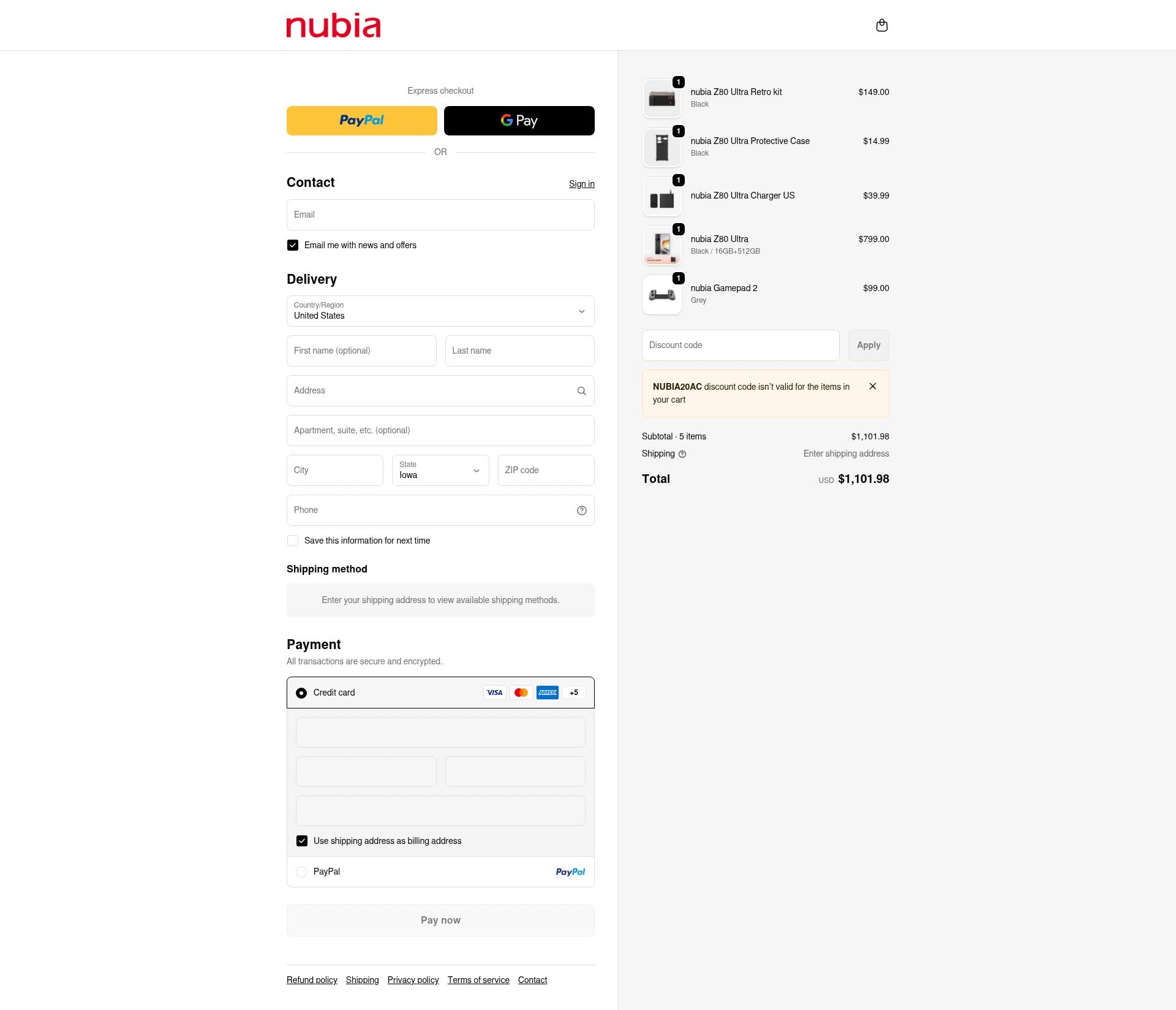 nubia Store checkout page showing nubia Store promo code box | Screenshot taken by SimplyCodes community member on Jan 2, 2026