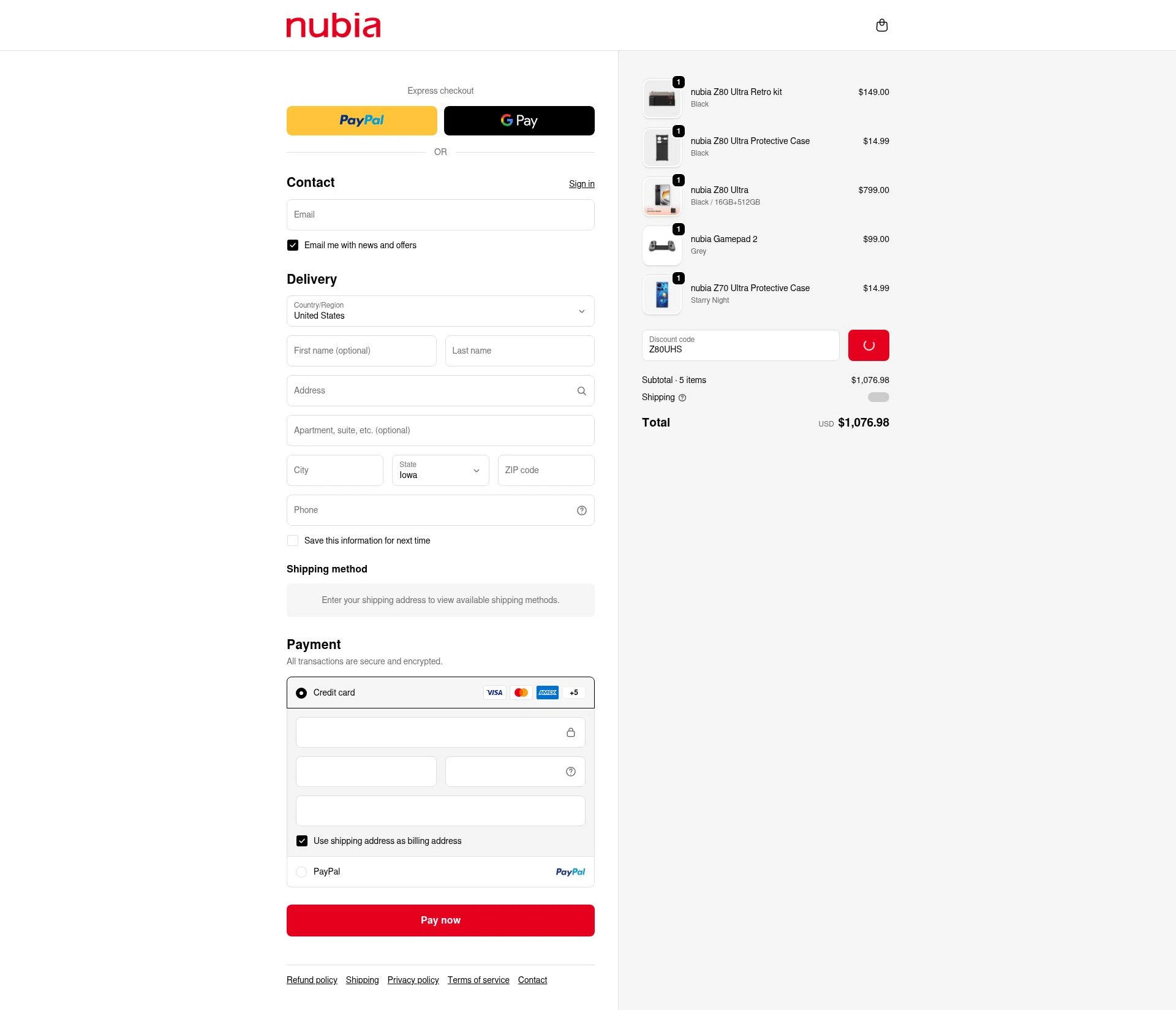 nubia Store checkout page showing nubia Store promo code box | Screenshot taken by SimplyCodes community member on Dec 28, 2025