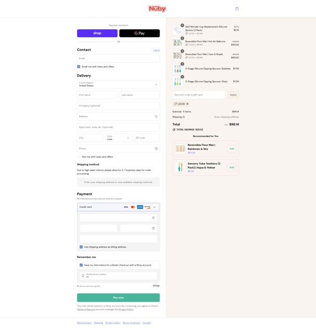 Nuby checkout page showing Nuby discount code box | Screenshot taken by SimplyCodes community member on Sep 7, 2025