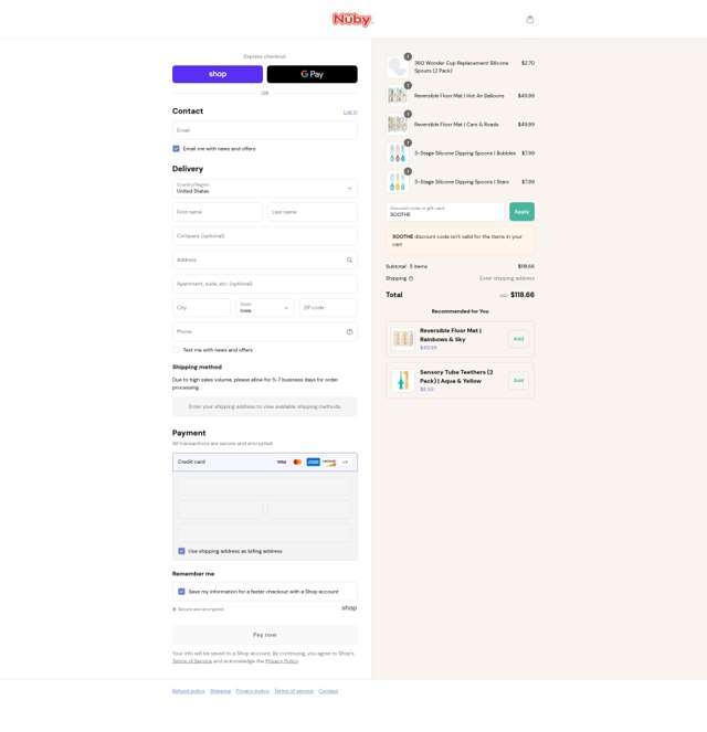 Nuby checkout page showing Nuby discount code box | Screenshot taken by SimplyCodes community member on Sep 7, 2025
