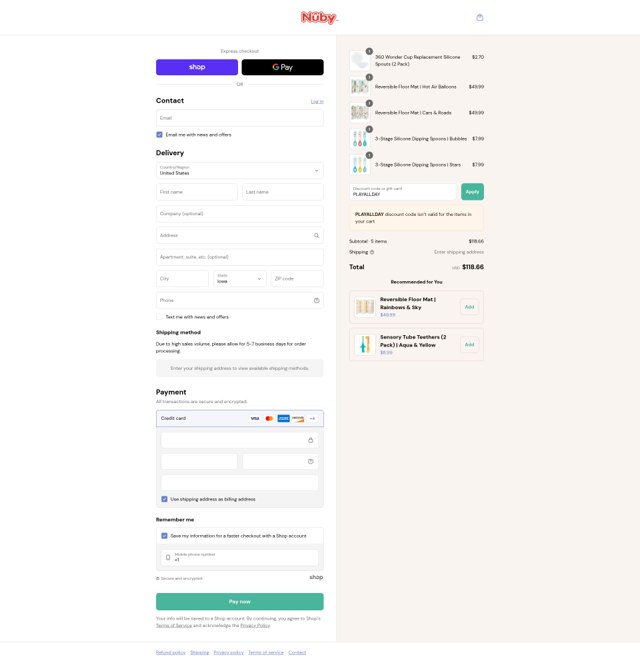 Nuby checkout page showing Nuby discount code box | Screenshot taken by SimplyCodes community member on Sep 7, 2025
