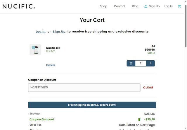 Nucific checkout page showing Nucific coupon code box | Screenshot taken by SimplyCodes community member on Aug 29, 2025