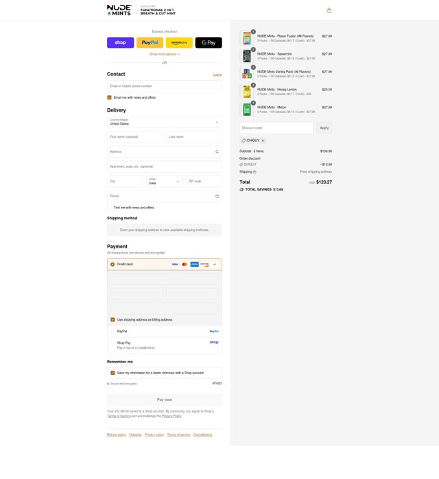 NUDE Mints checkout page showing NUDE Mints promo code box | Screenshot taken by SimplyCodes community member on Sep 2, 2025