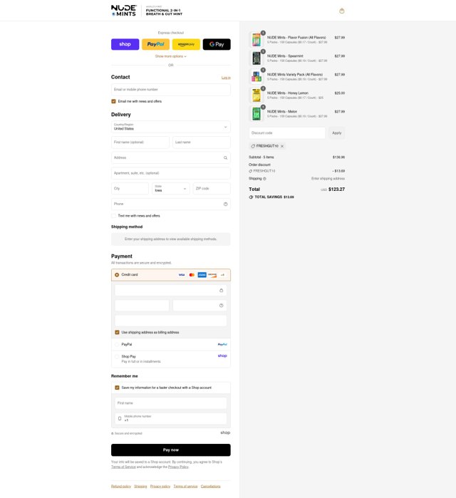 NUDE Mints checkout page showing NUDE Mints promo code box | Screenshot taken by SimplyCodes community member on Sep 2, 2025