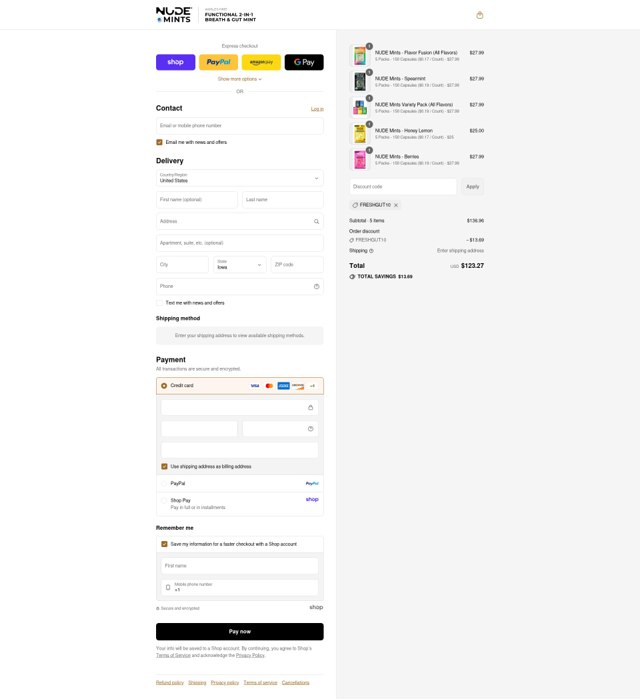 NUDE Mints checkout page showing NUDE Mints promo code box | Screenshot taken by SimplyCodes community member on Sep 7, 2025