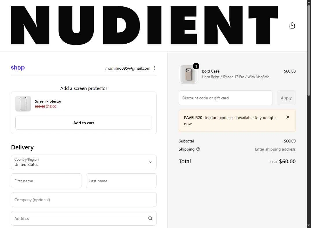 Nudient checkout page showing Nudient discount code box | Screenshot taken by SimplyCodes community member on Feb 11, 2026