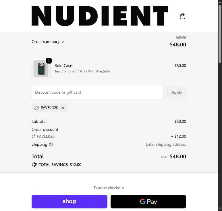 Nudient checkout page showing Nudient discount code box | Screenshot taken by SimplyCodes community member on Feb 3, 2026
