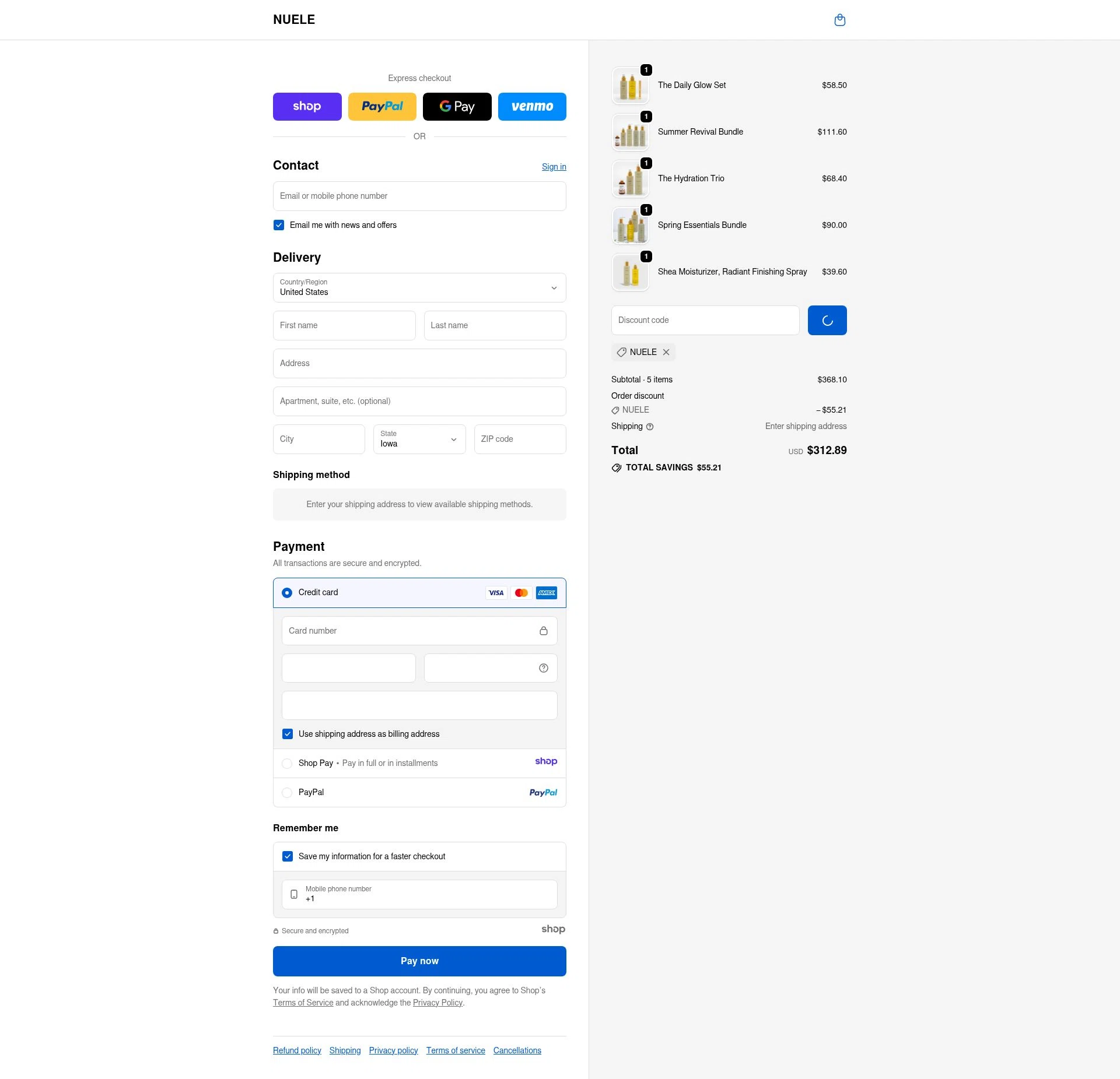 Nuele Hair checkout page showing Nuele Hair promo code box | Screenshot taken by SimplyCodes community member on Dec 28, 2025