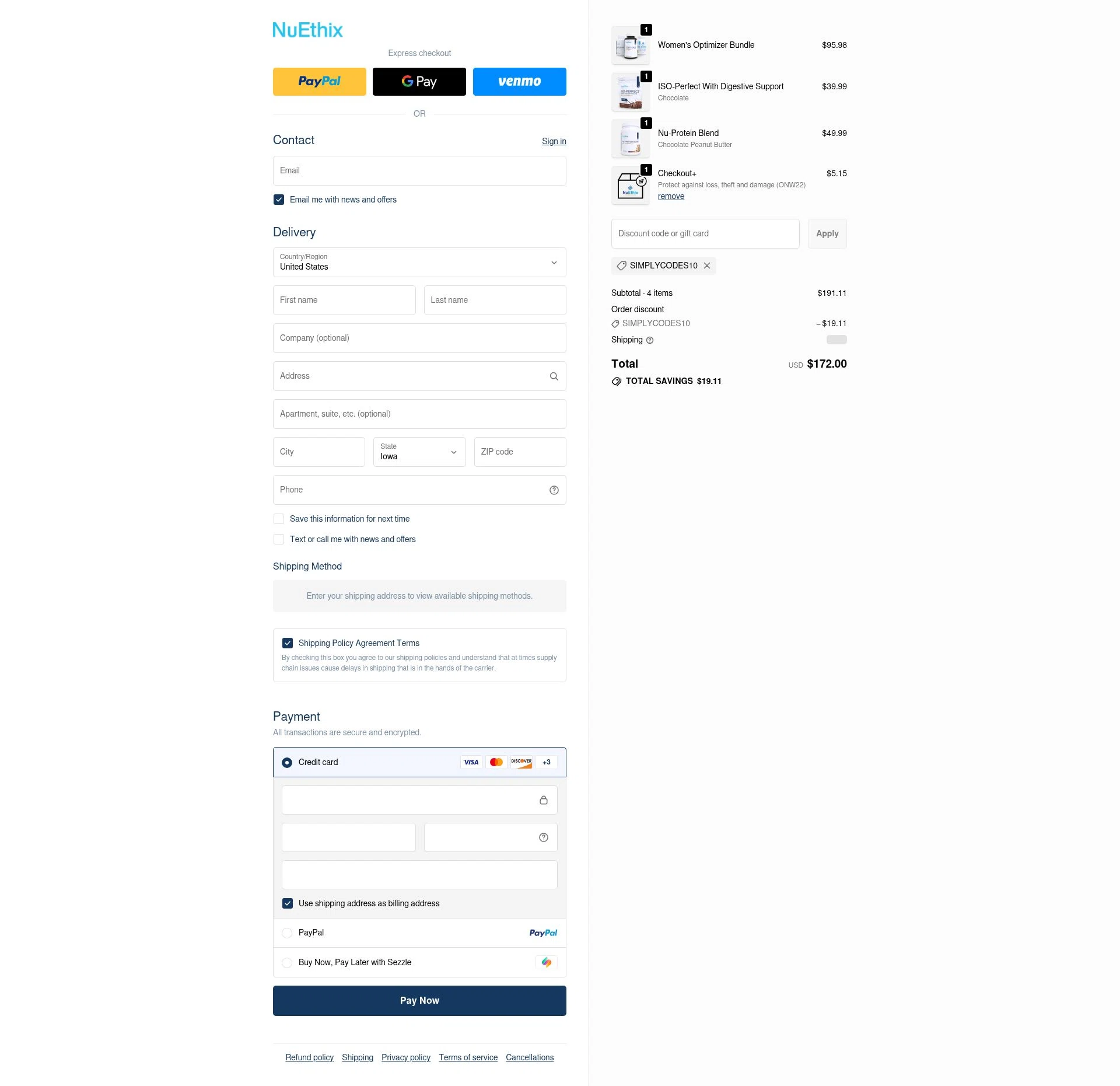 Nuethix checkout page showing Nuethix discount code box | Screenshot taken by SimplyCodes community member on Nov 7, 2025