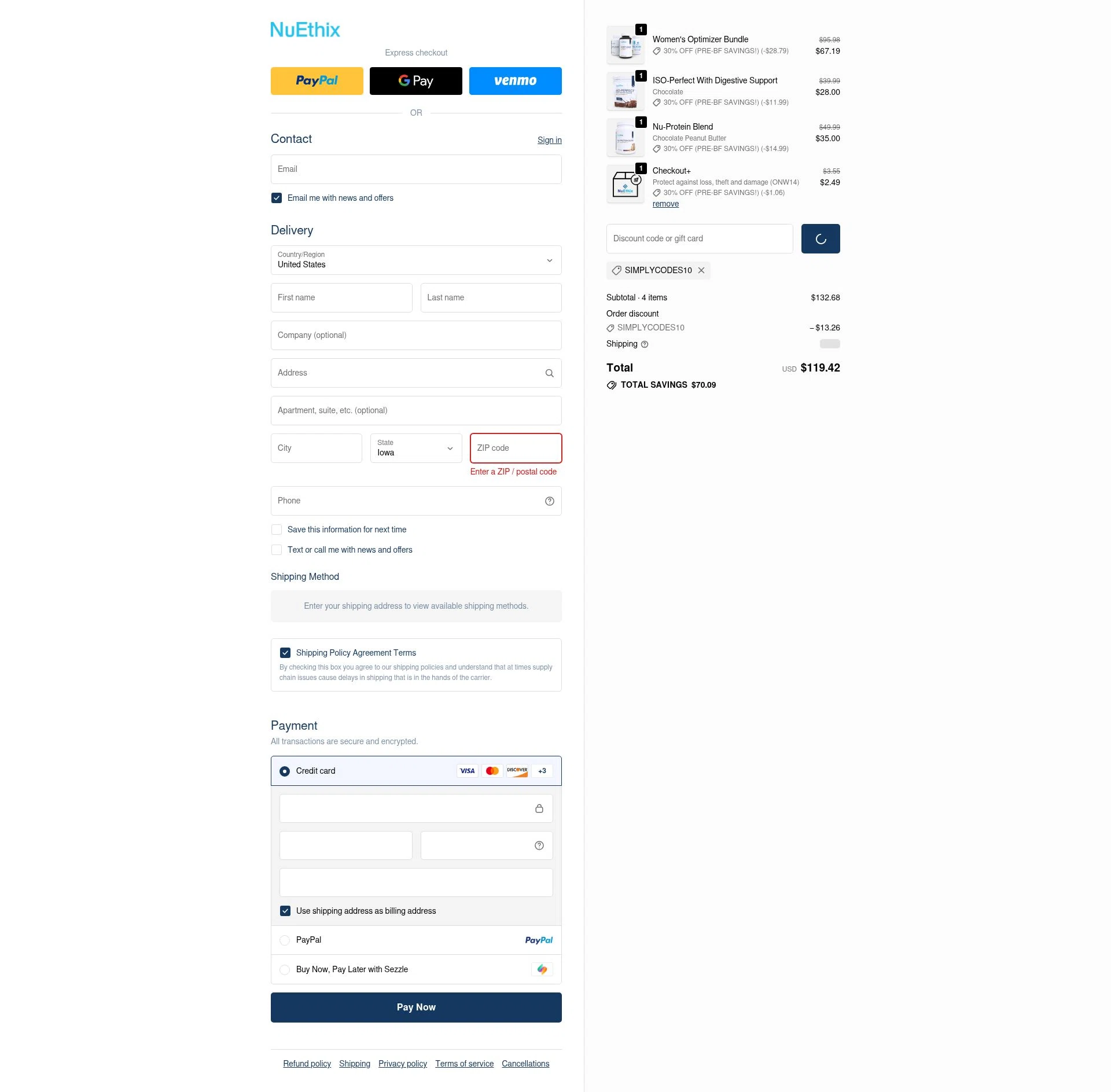 Nuethix checkout page showing Nuethix discount code box | Screenshot taken by SimplyCodes community member on Nov 23, 2025